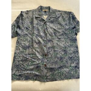 Tommy Bahama Silk Blue Bamboo Shoots Button Medium Boho Relax Hawaiian Green EUC